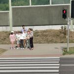 Grupa uczniów z nauczycielami stoi przed przejściem dla pieszych z sygnalizacją świetlną.