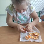 Uczennica siedzi przy stole i obiera mandarynkę ze skórki.