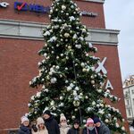 Grupa uczniów stoi przed dużą choinką