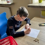 Uczeń siedzi przy stole i uzupełnia kartę pracy.