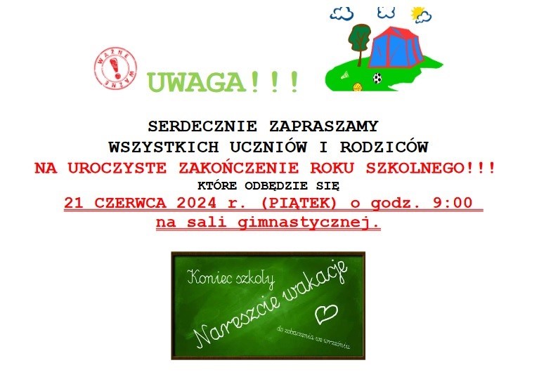 Plakat z informacją o zakończeniu roku szkolnego 2023/2024