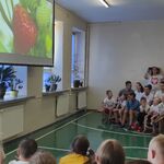 Uczniowie siedzą na łąteczkach i oglądają film wyświetlany na ekranie.