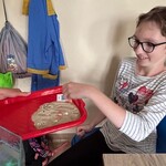 Uczennica wkłada gumowego kraba na tacę z piachem.