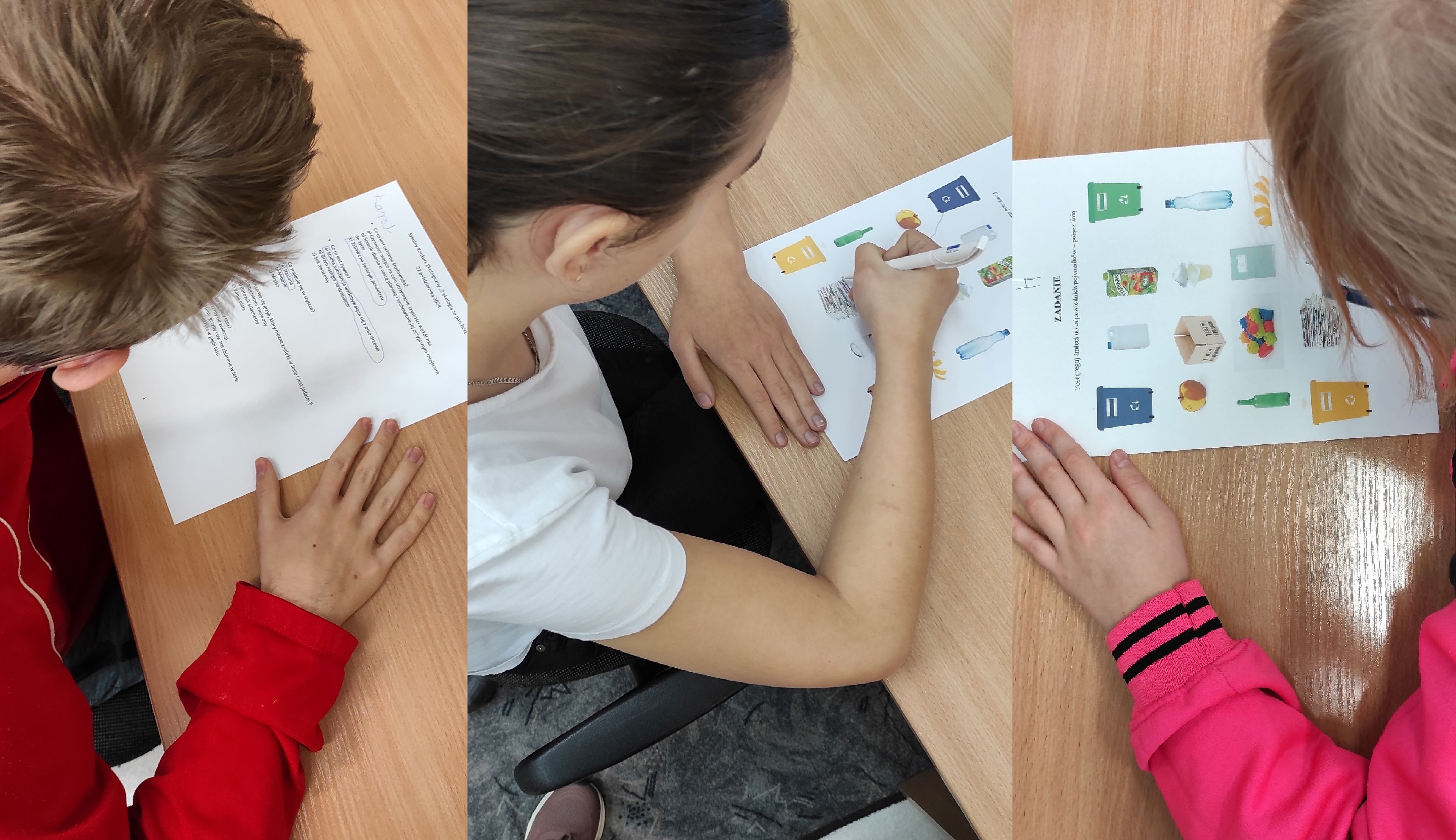 Uczniowie rozwiązują test z wiedzy o ekologii