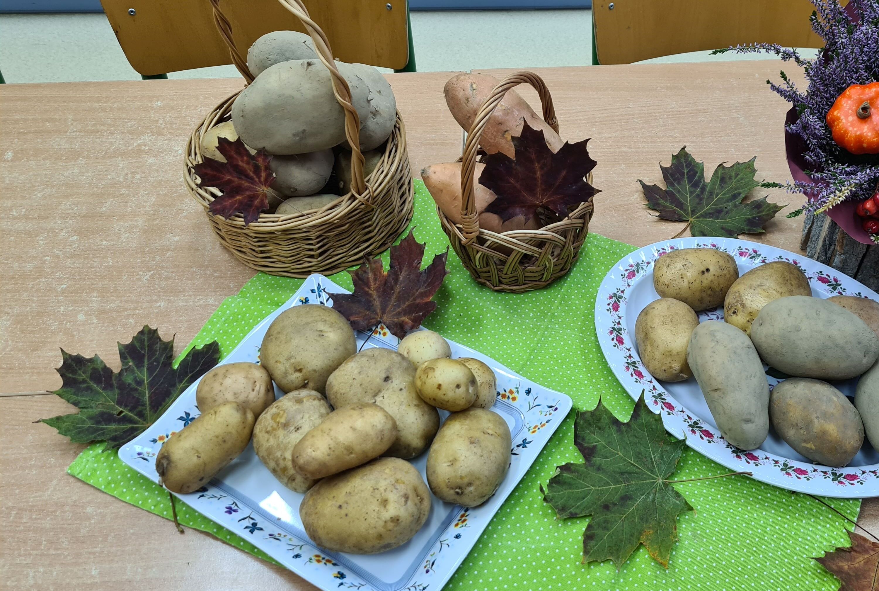 Na stole stoją talerze i koszyczki z ziemniakami.