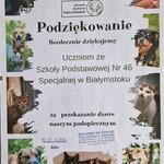 Podziękowanie ze schroniska dla uczniów szkoły.