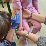 Uczennica w trakcie pokazu pobierania krwi  przez nauczycielkę