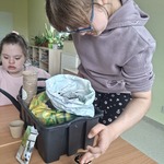 Uczennica wsypuje ziemię do doniczki