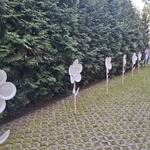 Papierowe kwiaty wbite w ziemię na tle tui