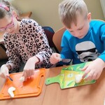 Uczeń i uczennica siedzą przy stole. Kroją jabłko nożami na deskach do krojenia.