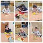 Kolaż zdjęć na którym uczniowie siedzący przy stolikach kroją paprykę, pomidora, ogórka.