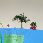 Parawan z napisem Nowalijkowy Teatrzyk. Nad parawanem cebula, pomidor, koperek pęczek rzodkiewek.
