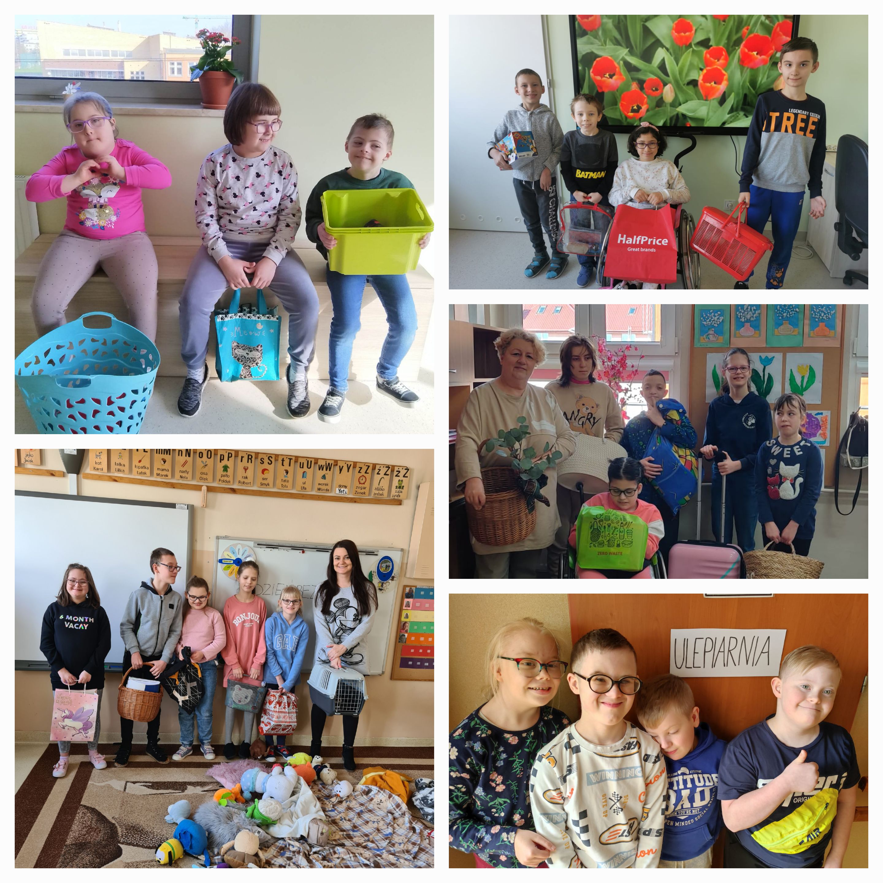 Na kolażu znajdują.się zdjęcia uczniów pięciu klas. Dzieci trzymają w rękach przedmioty, w których przyniosły swoje książki. Jest to koszyk, torebka, pudełko, transporter kota, poszewka na poduszkę, wiklinowy koszyk, koszyk rowerowy.